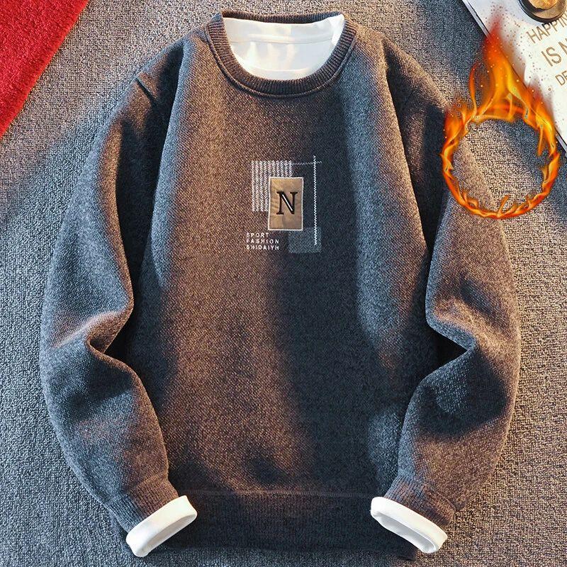 Men's Casual Sweater Thick Fleece Jumpers Knit Clothes Crew Neck Knitted Pullovers Fashion Sweatshirts