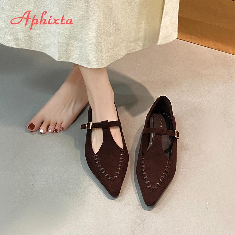 Aphixta 2.5cm Height Increasing Women's Mary Janes Sewing Dec Cow Suede Upper Flats Pointed Toe Autumn Korean Style Ladies Shoes