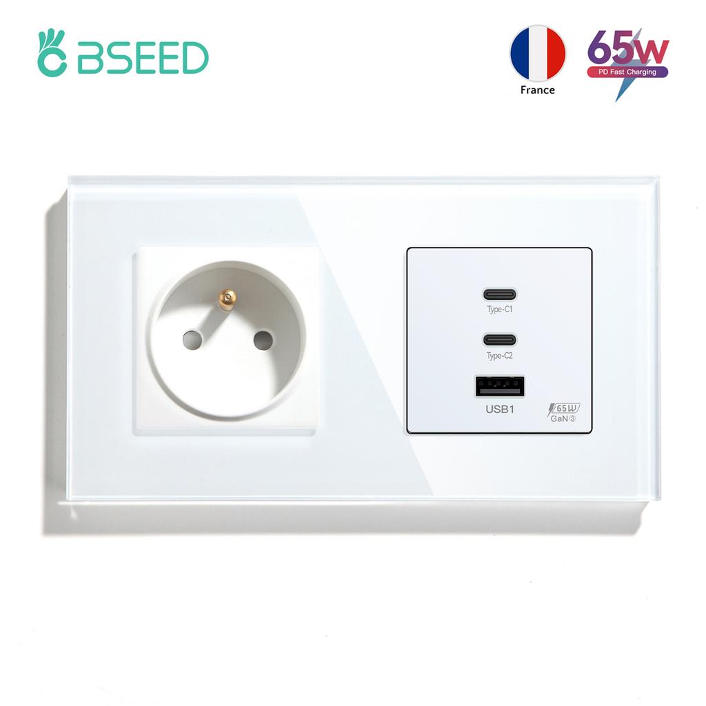 BSEED French Wall Socket 65W Double Type-c USB Sockets Super Fast Charging Ports Electric Power Outlets Crystal Glass Frames