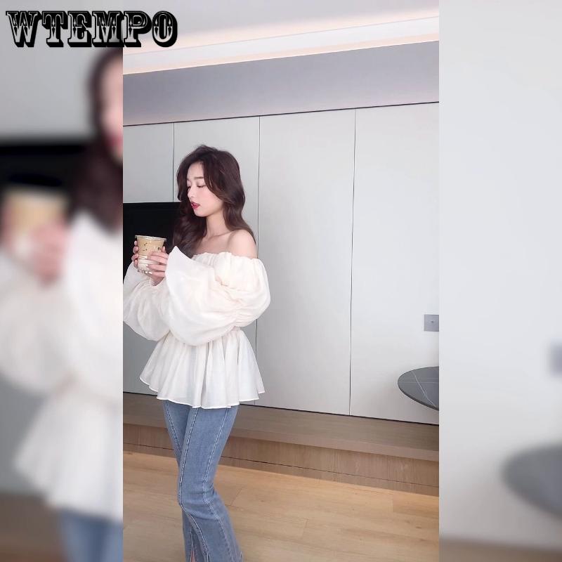 WTEMPO Off Shoulder Sexy Chic Sweet Crop Top Damen Sommermode Casual Lange Rüschenärmel Lose Fee Kawaii T-Shirt