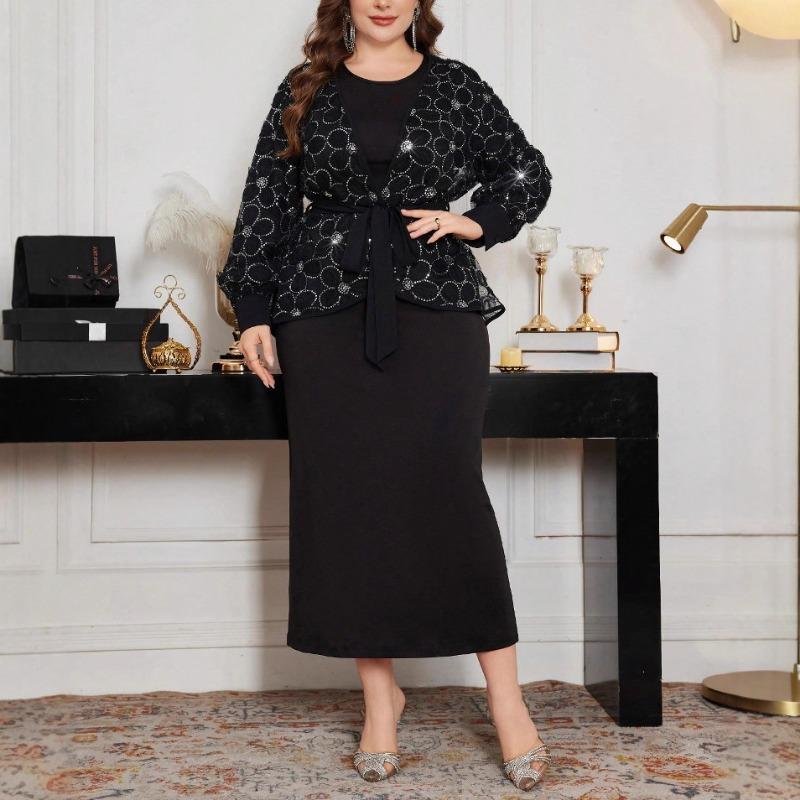 Damen Übergröße Zweiteiler Rundhals Langarm Eng Bodycon Langes Kleid Strickjacke Set