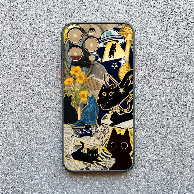 Kreative freche schwarze Katze Illustration Collage Handyhülle für iPhone 13 12 Mini 11 Pro Max 15 16 14 Pro Max Plus XR X XS Hüllen