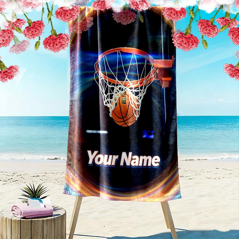Name Custom Basketball Art Print Beach Towel, Large Soft Quick Dry Towel for Beach Camping Swimming