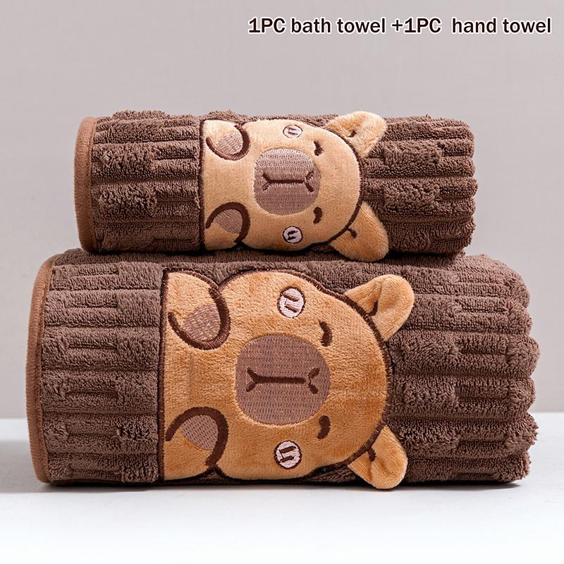 Cute 2-Piece Capybara Face Towel Set, Extra Soft Coral Fleece, 34x74 Inch Towel And 70x140 Inch Bath Towel