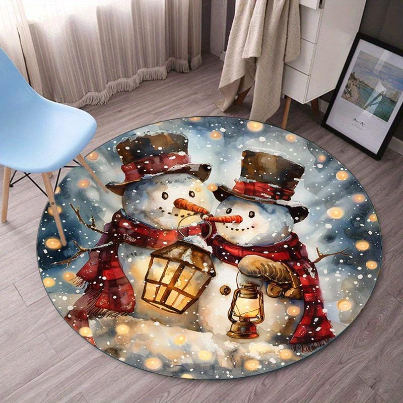 

Christmas Snowman Couple Round Rug Winter Holiday Lantern Light Decor Bedroom Living Room Floor Mat Soft Velvet Rug 60cm x 60cm
