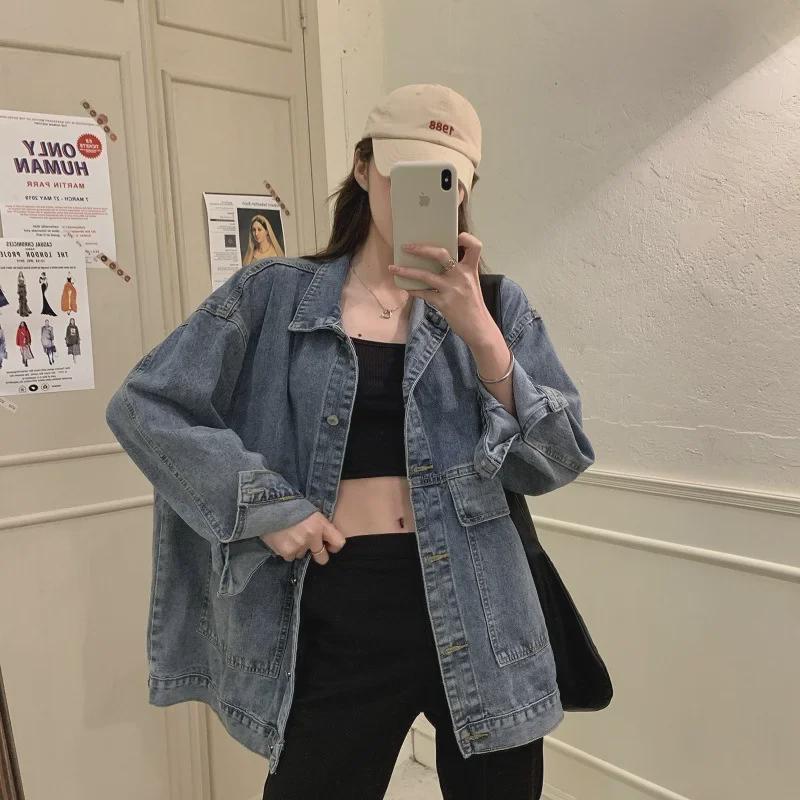 Women's Korean-Style Loose Denim Jacket, Versatile Harajuku Retro Long Sleeve for Spring/Autumn - Perfect for Students