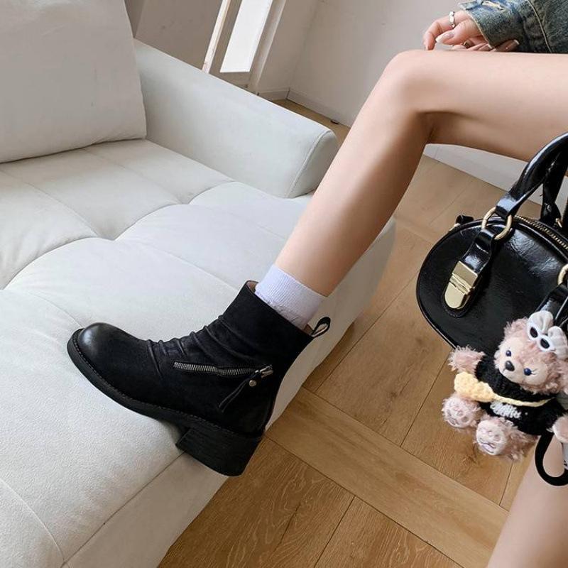 Autumn and winter women's leather boots leather side zipper Martin boots versatile round head comfortable new cowhide thick-soled low boots