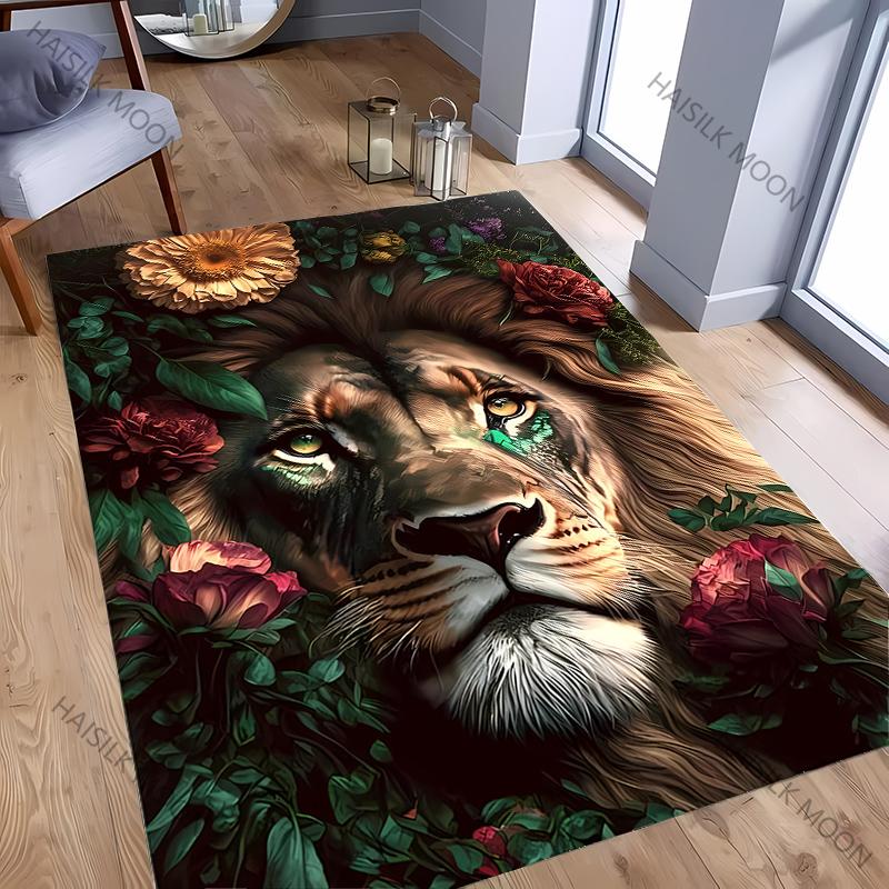 Lion Carpet Surrounded By Flowers Print Rug for Living Room, Bedroom,Office,Large Area,Rug,Stain Resistant Carpet, Fast Shipping