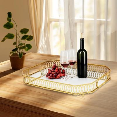 Gold Serving Tray Clear Glass Decorative Tray Organizer for Home Fruits Drinks Makeup Mirror Tray Modern Durable Rustproof