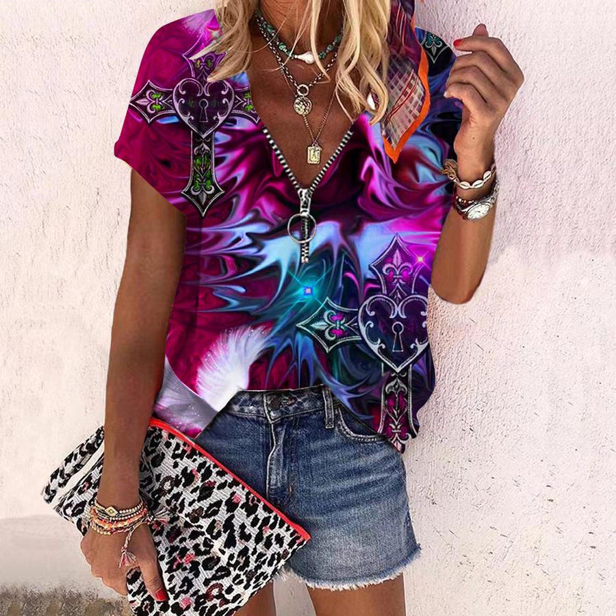 Dámský top Léto Nová móda Růže Květ Ostružina Růže Tištěná Neformální Top Výstřih do V Krátký rukáv