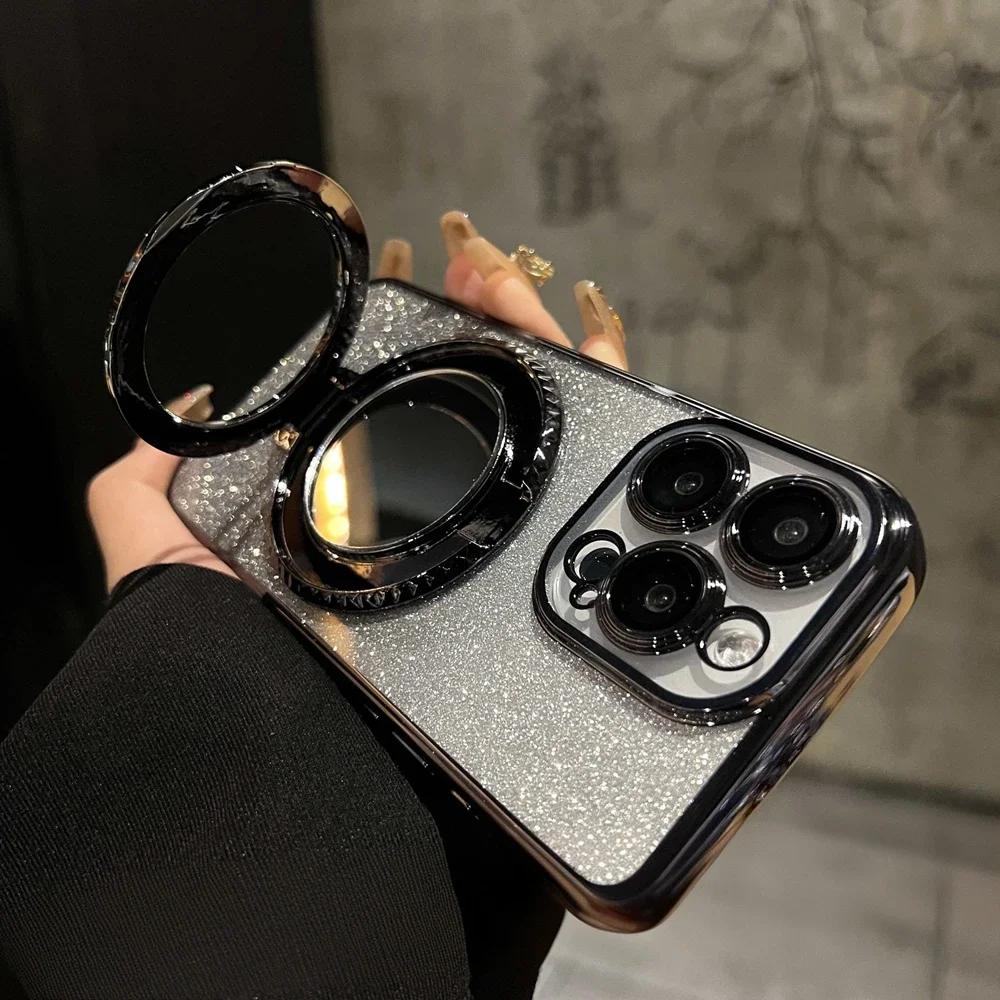 Glitter Gradient Mirror Bracket Case for iPhone 15 14 13 16 Pro Max 12 11 X Xr Xs 8 7 Plus for Magsafe Ring Holder Plating Cover