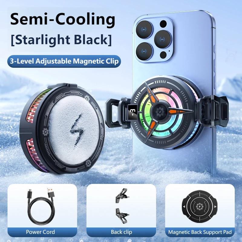 Magnetic Semiconductor Phone Cooler with Temp Display Gaming Radiator 2 in 1 Clip Stand for iPhone 16 15 14 13 12 Android Live Streaming