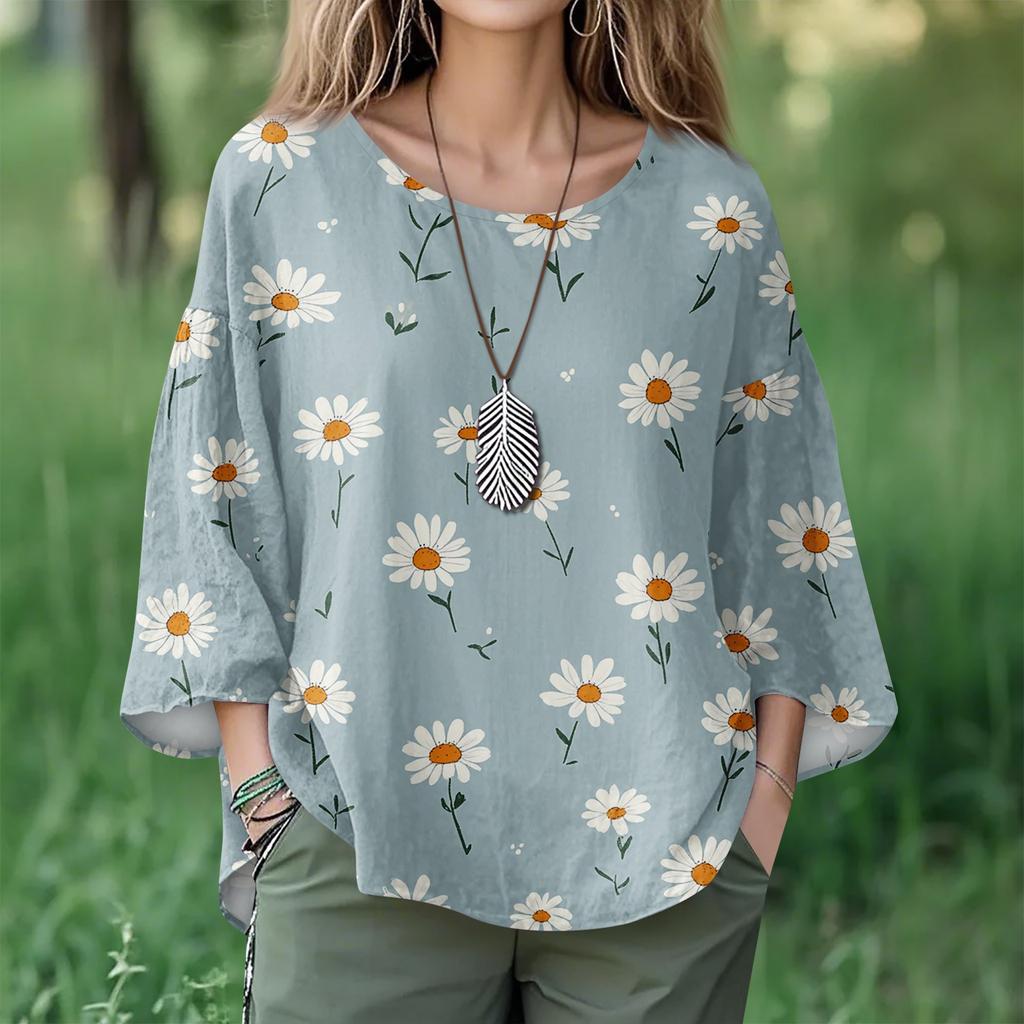 Summer Tops For Women Cute O Neck 3/4 Sleeve Blouses Floral Print Top Casual Shirts