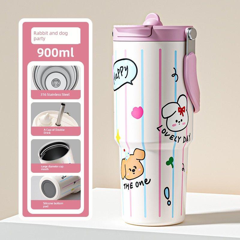 Large-Capacity Thermos Cup for Girls, Good-Looking Design with Handle, 2024 New Model, Straw Water Cup, Portable Dual-Drink Cup for Students