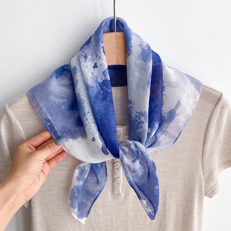 Flax small square scarf silk scarf women's headscarf neck protection scarf imitation blue dye handmade tie-dye scarf Yunnan yarn scarf thin scarf