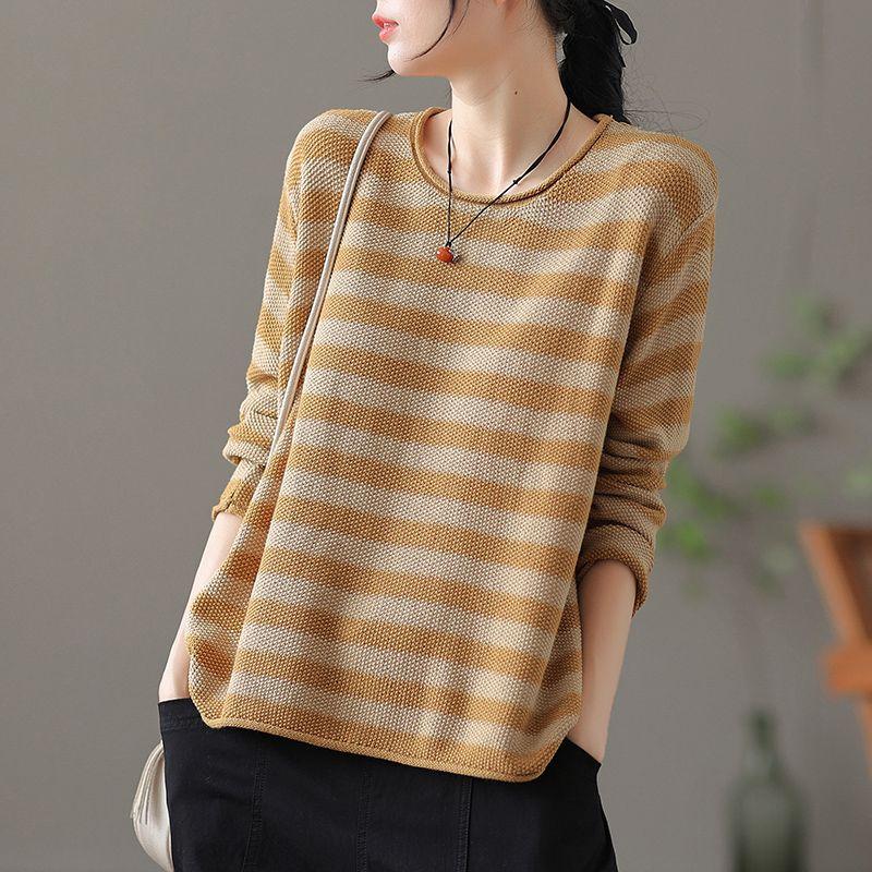 Women's Casual Crew Neck Pullover Sweater Autumn Winter Knitted Striped Top Loose Base Layer