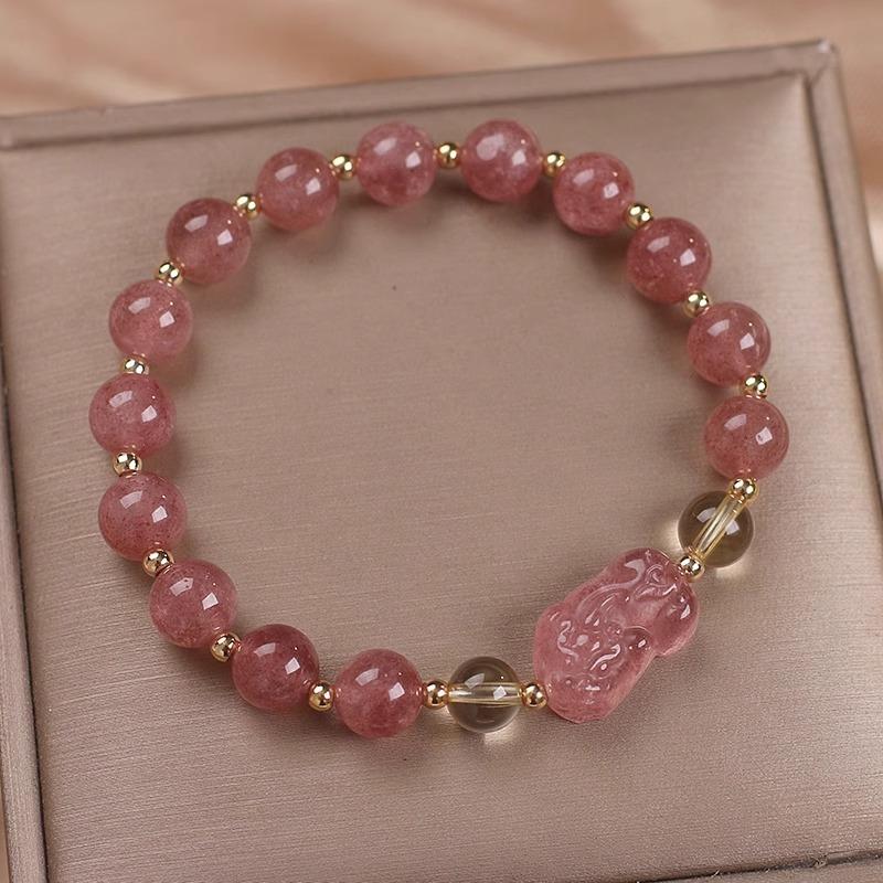 Pink Strawberry Crystal Yellow Crystal Bracelet, Strawberry Crystal Fox Pendant, Golden Hair Crystal Yellow Crystal Bracelet, Bracelet Set