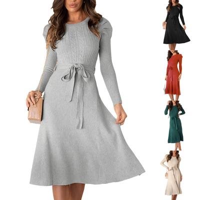 Women's Casual Solid Color Bubble Long Sleeved Knitted Skirt Mid Length Long Sleeved Dress