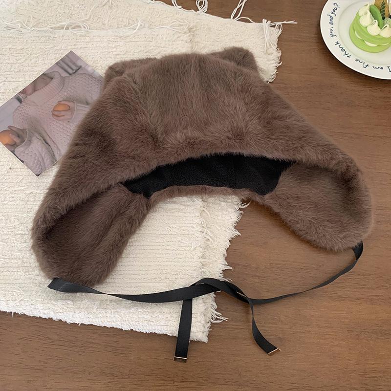 Cute Cat Ears Plush Hat for Women In Autumn and Winter White Thickened Cold Proof and Warm Big Head Circumference Ear Protecting Lei Feng Hat