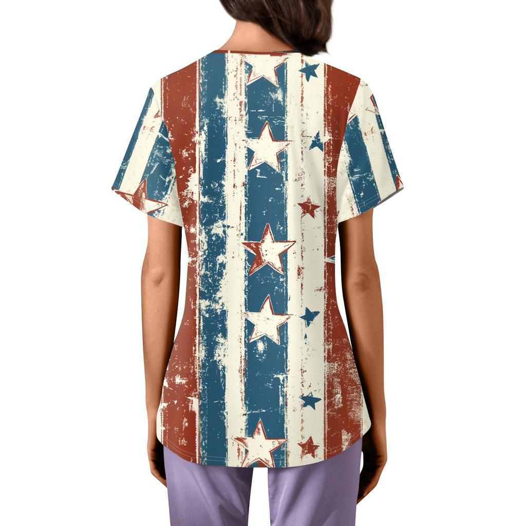 Topuri Uniformă de Lucru Scrub Imprimate Mărimi Mari Pentru Femei Gât în V Încrucișat Imprimeu Ziua Independenței Mânecă Scurtă Tricouri Amuzante Tricou de Lucru cu Buzunare