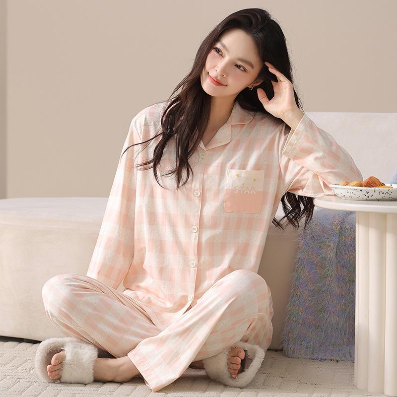 1011 New Pajamas Women's Spring and Autumn Cotton Long Sleeve Fashion Simple Autumn and Winter Universal Homewear Set