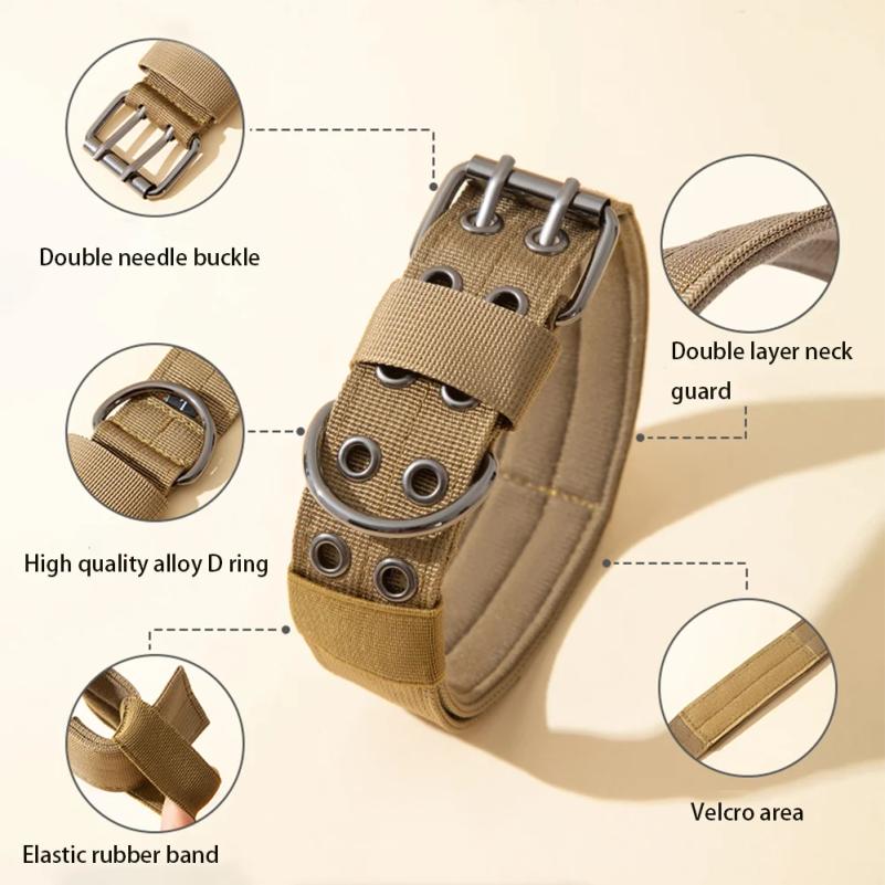 Adjustable Military Dog Collar Metal D-Ring and Buckle Working Dog Collar, Five-Level Adjustment for Medium and Large Dogs