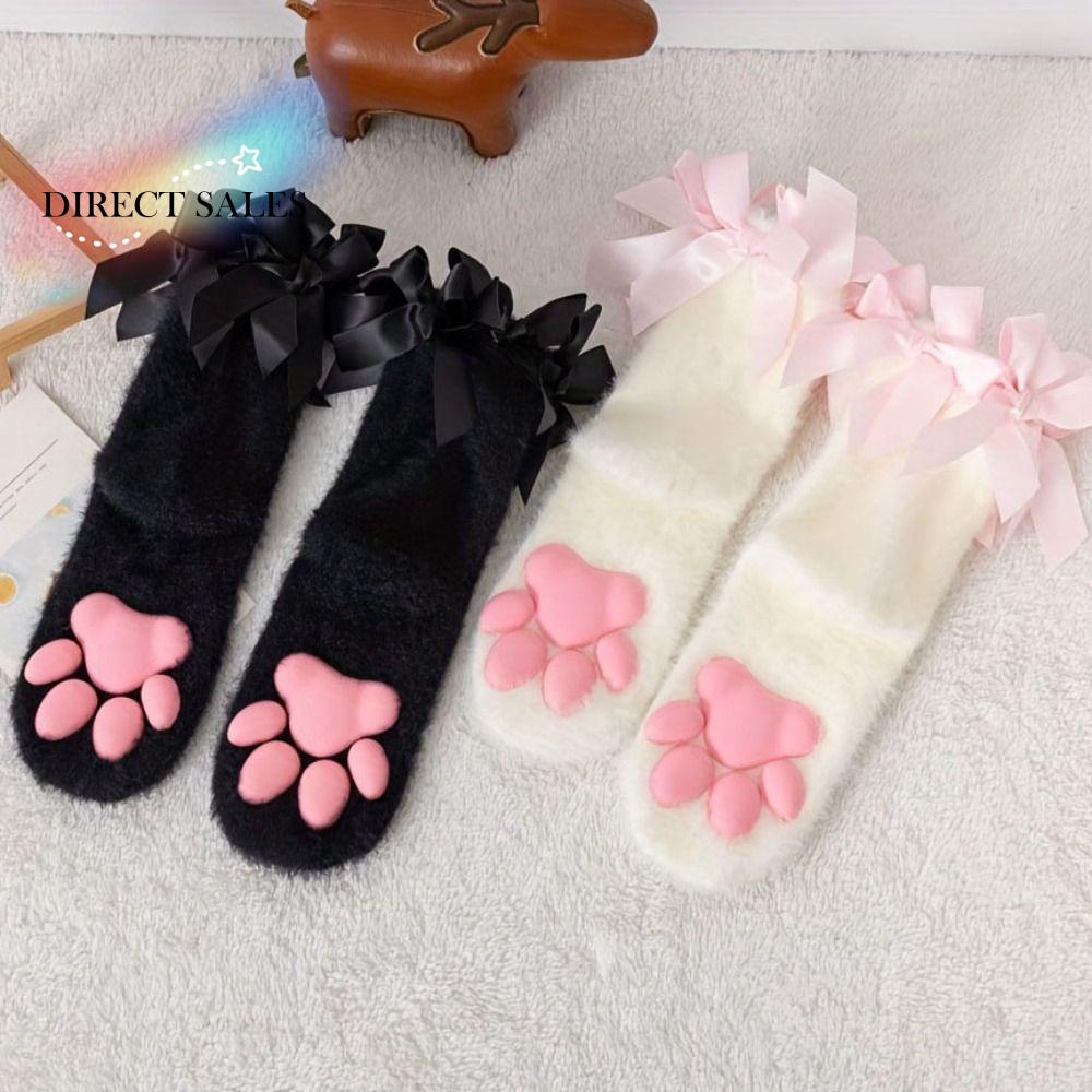 Coral Velvet Cat Paw Plush Socks Paw Pads Kitten Claw 3D Cat Paw Socks Sleep Sock Lolita Style Bowknot Warm Socks Winter Wear