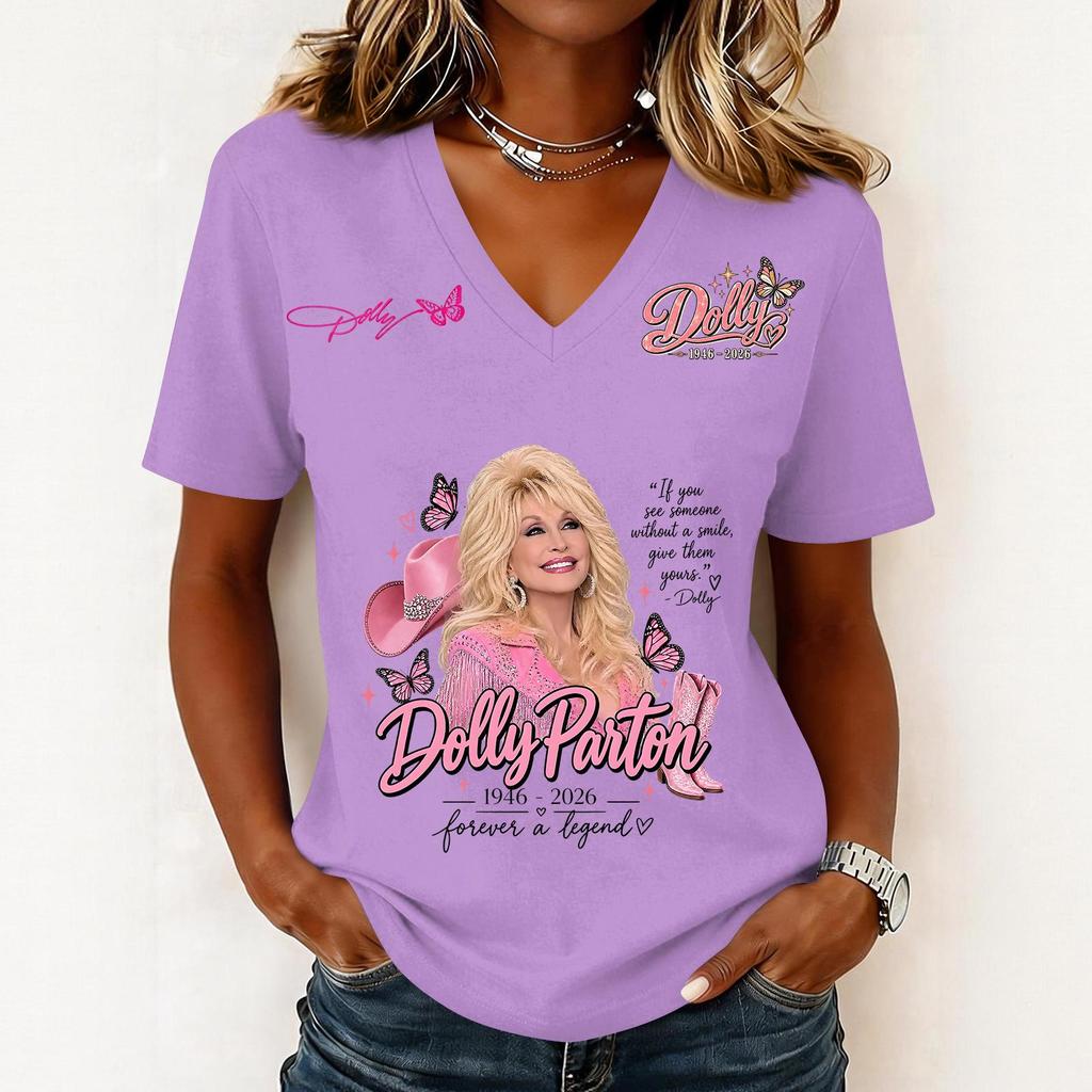 Women's Trendy Casual V-Neck Short Sleeve Letter Print Pullover Top for Everyday Wear