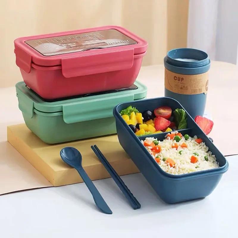 Bento-Box im japanischen Stil, auslaufsicherer Lebensmittelbehälter mit Fächern für Kinder mit Geschirr, neue Mikrowellen-Lunchbox
