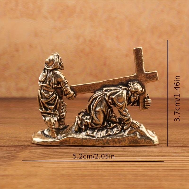 

Vintage Brass Christian Jesus Carrying Cross Figurine Religious Desk Decor Mini Statue Symbolic Redemption and Never Give Up