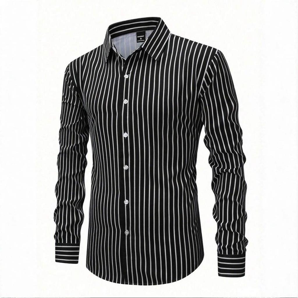 Black Striped Long Sleeve Shirt Collar For Glamorous Party-Wear Men White Shirt Fall Formal Ceremony