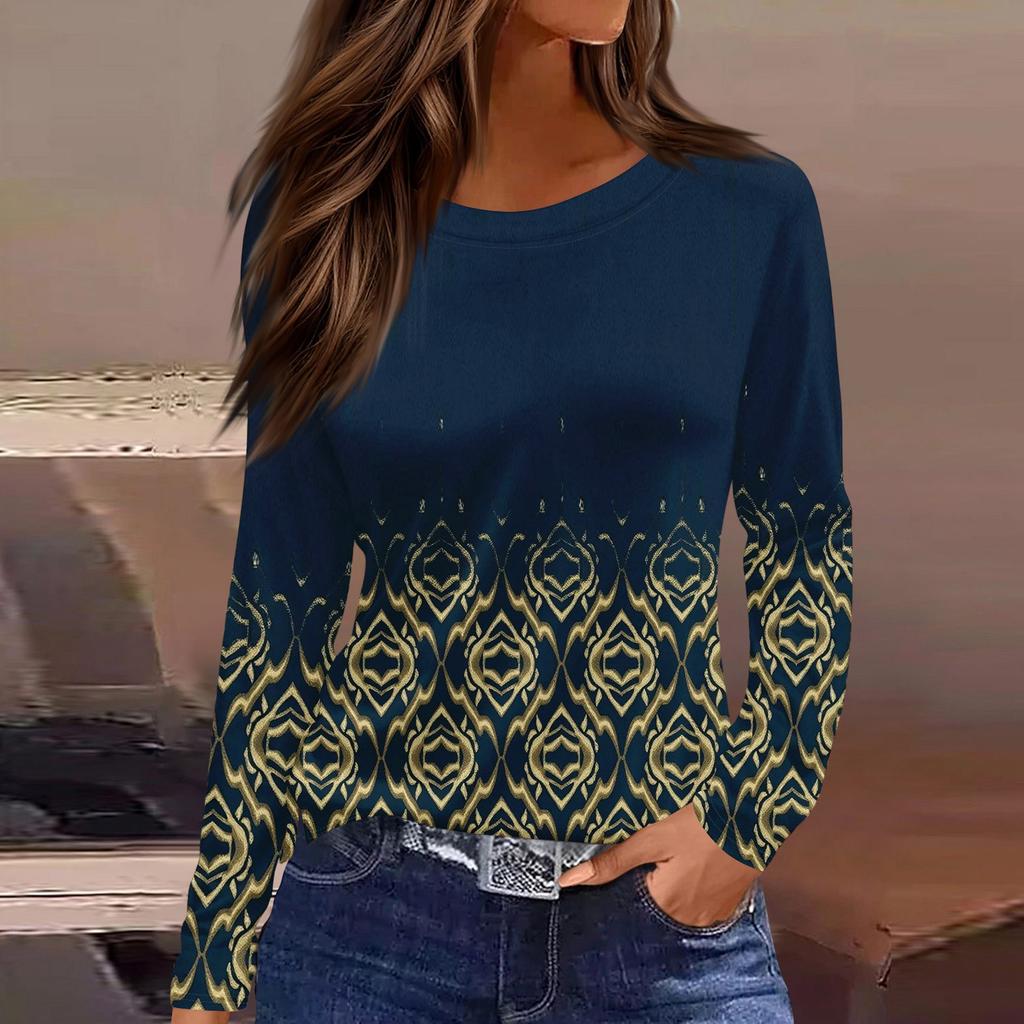 Women's Fashion Casual Slit Hem Round Neck Long Sleeve Loose Printed T-Shirt Ladies Top