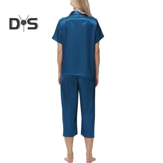 2-teiliges Set aus Seidenpyjama mit Revers und Button-Down-Langarmhemd, elastischer Bund, weites Bein, verkürzte Hose, Homewear, lässiges Outfit, Frühlingsnachtwäsche