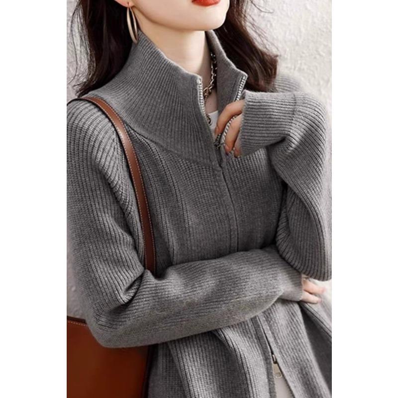 Autumn/Winter Fashion Cardigan Knitted Women Sweater Elegant Long Sleeve Zipper Loose Casual Office Top New Stand Collar Jacket