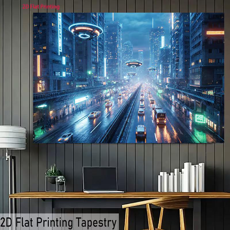2D Gamer Backdrop, Futuristic Night Cityscape with Neon Lights and UFOs Banner