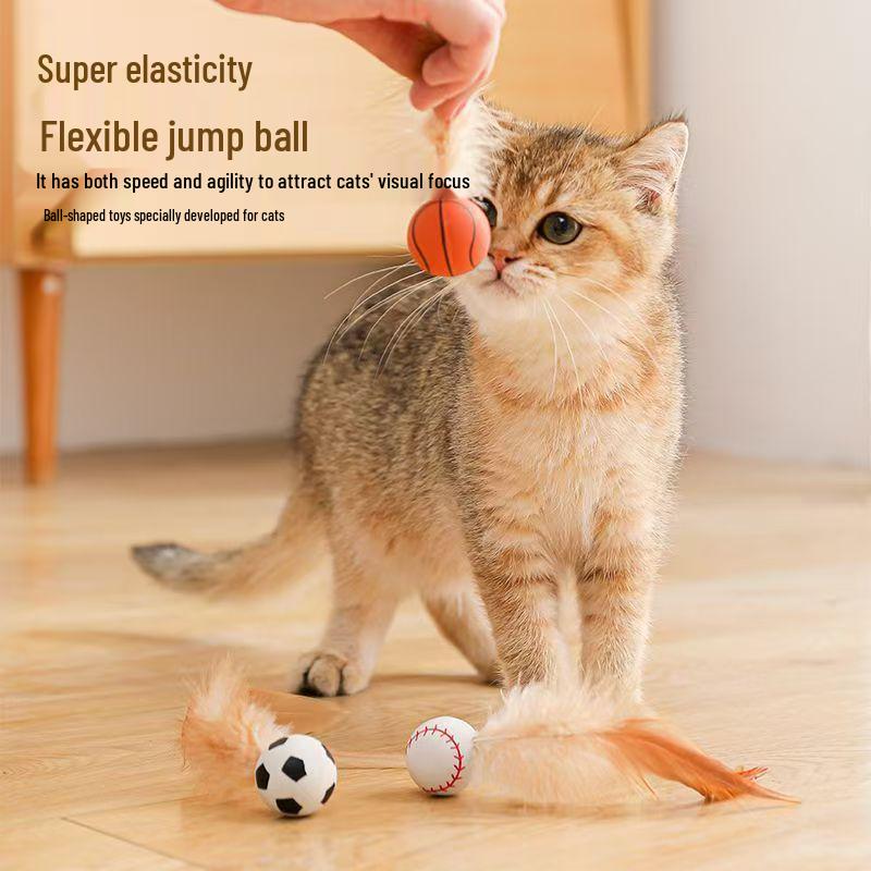 Cat Toy Interactive Bouncy Ball with Feathers - Amuse and Relieve Boredom for Kittens.