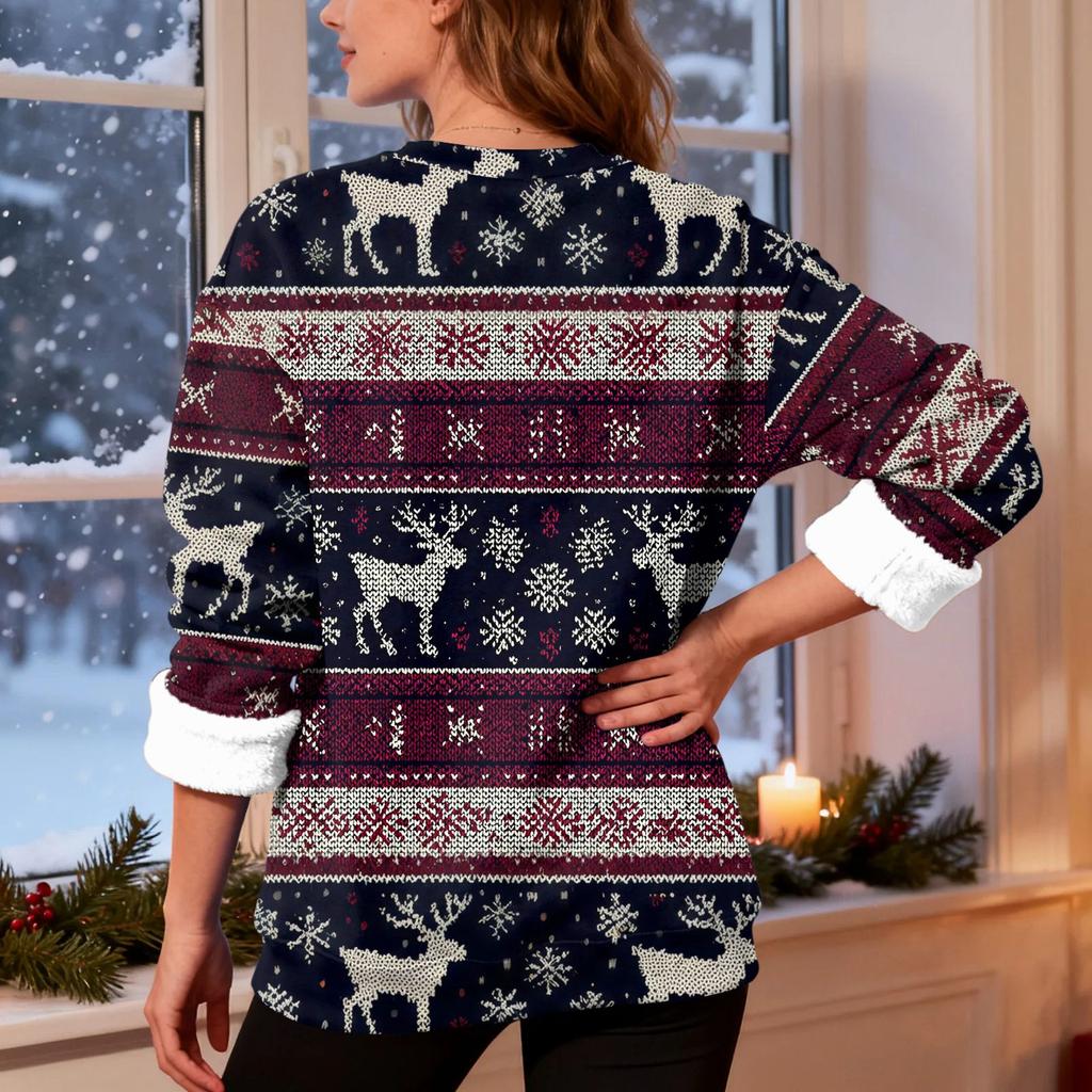 Women's Fashion Casual Long Sleeve Christmas Printed Round Neck Top Sweatshirt