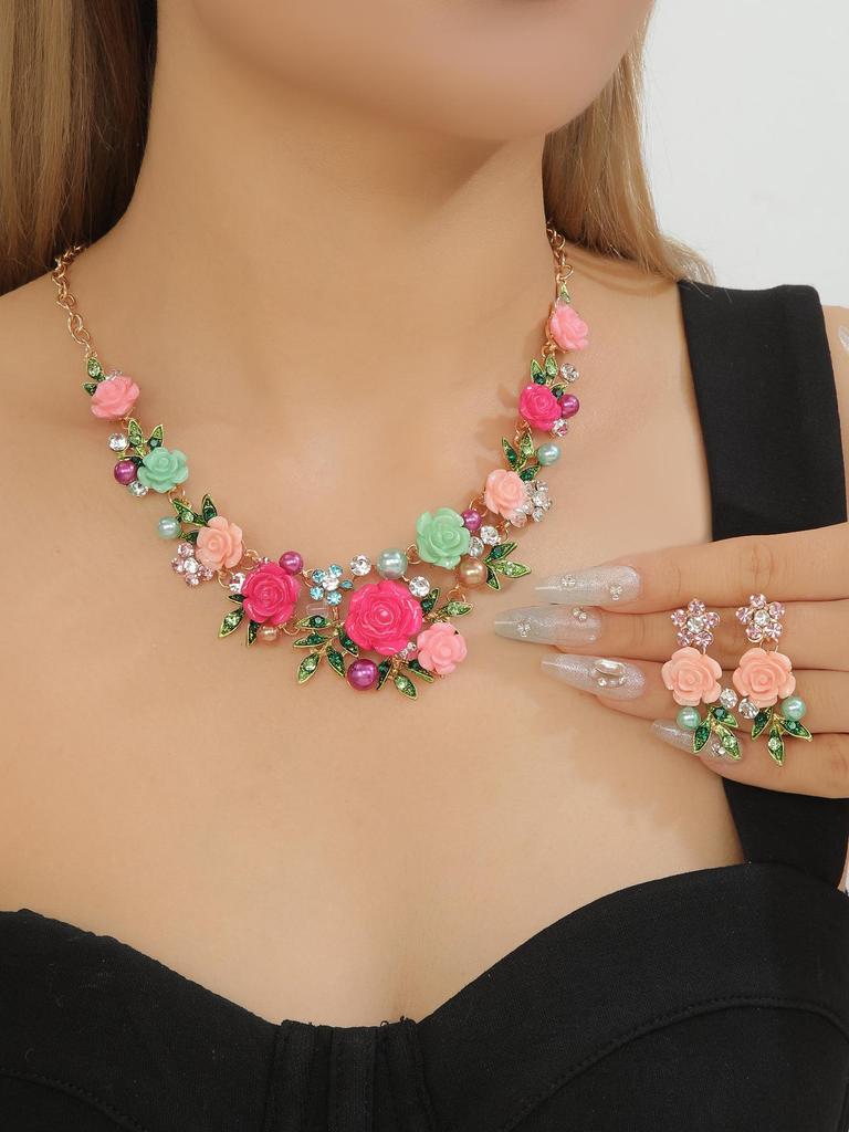 Conjunto de Collar y Pendientes Kaiyi Fashion Fresco de Esmalte con Diamantes y Perlas de Camelia