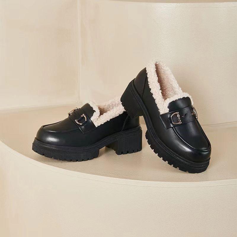 British Style Platform Velvet Loafers Women's 2025 New Autumn and Winter Small Leather Shoes Fluffy Warm One-pedal Cotton Shoes