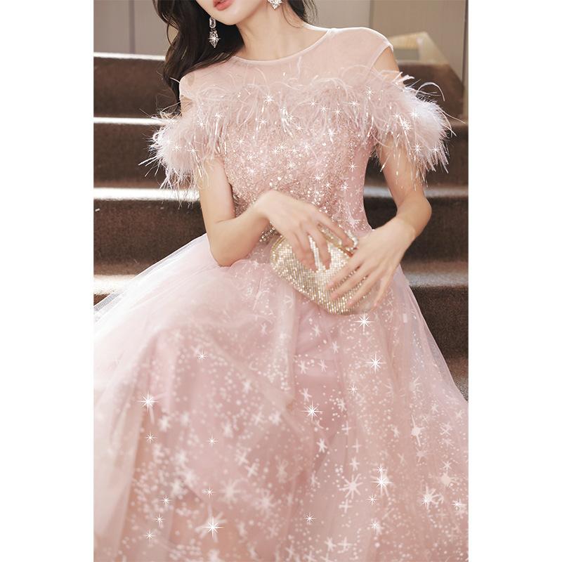 Evening dress female temperament celebrity light luxury niche style pink wedding dress art test host 18-year-old starry sky princess dress