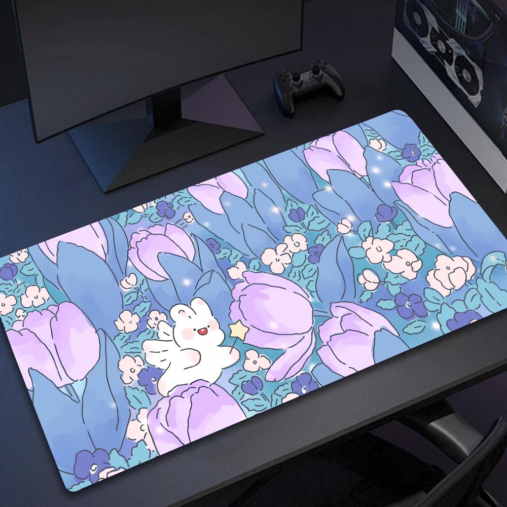 Cute Bunny Purple Flower Mouse Pad Large Computer Office Game Table Mats XXL Rubber Anti-slip Keyboard Mousepads Long Desk Pads