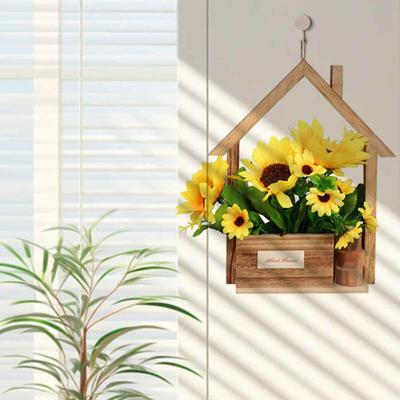 Dřevěný nástěnný květináč s umělými květinami, květináč s umělými květinami, domácí nástěnná dekorace, umělé hrnkové rostliny pro zahradu, terasu, obývací pokoj, ložnici, dekorace