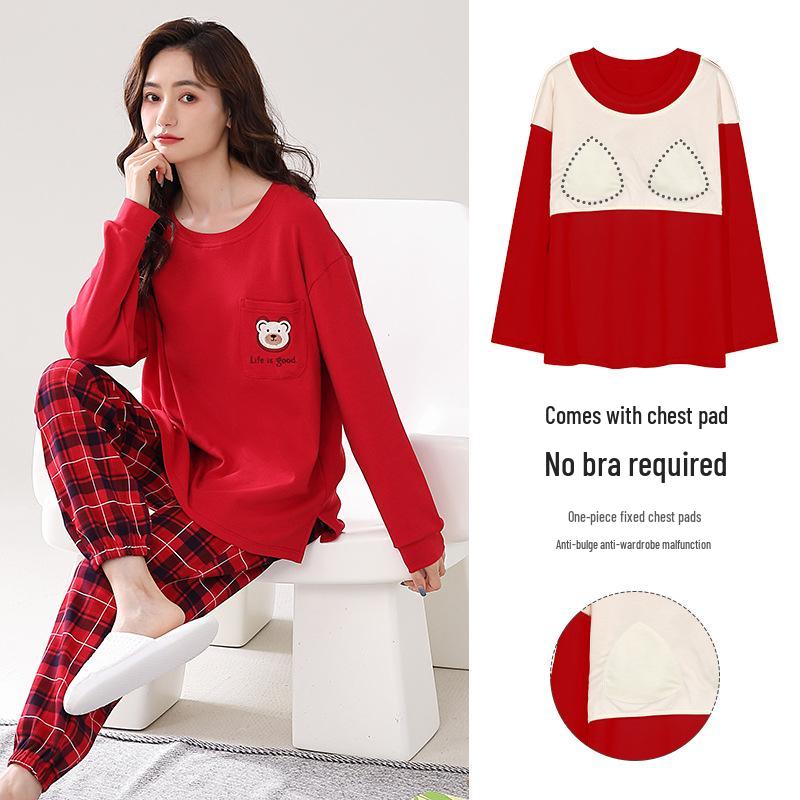 100% Cotton Women's Red Pajamas - Spring/Fall Wedding Year of the Rat Long Sleeve Plus Size Set