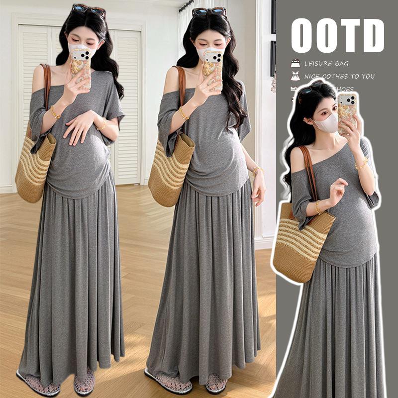 2026 Spring/Summer Lazy Style Batwing Sleeve One-Shoulder Top with Drawstring Skirt L