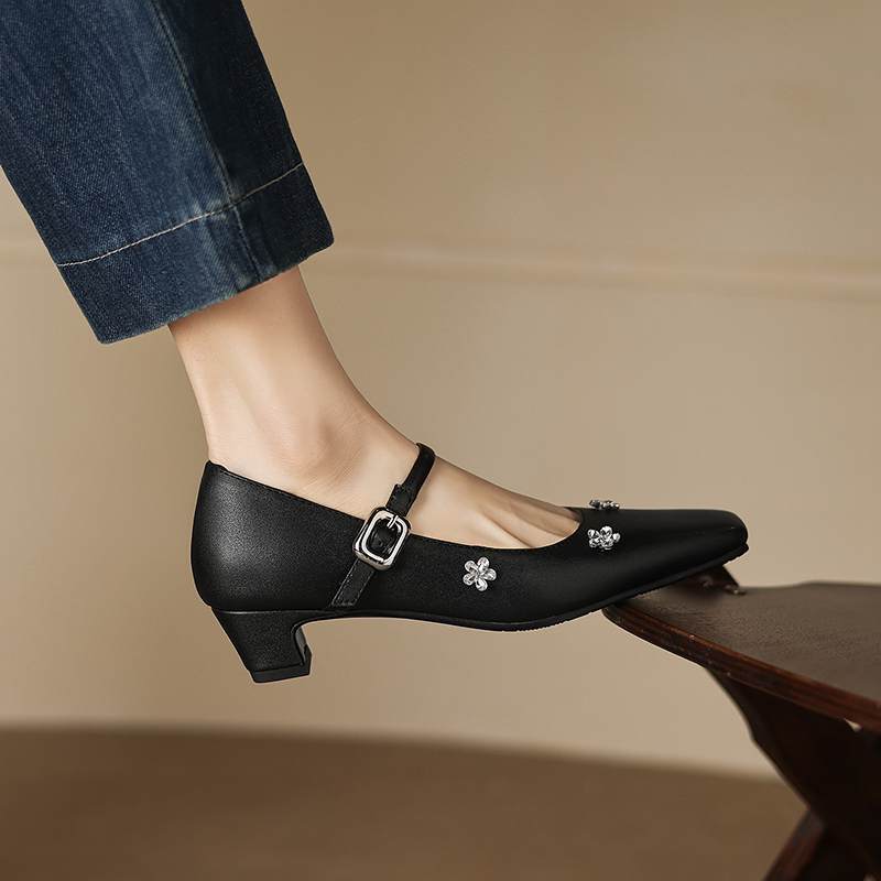 Krazing Pot Microfiber Square Toe Thick Med Heels Spring Summer Shoes Big Size 43 Flowers Decoration Women Office Lady Pumps