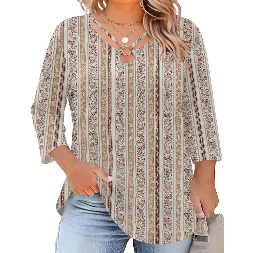 Blusa Floral Feminina Plus Size com Manga Três Quartos, Blusa Casual, Túnica de Corte Amplo para Primavera Verão, Uso Diário, Trabalho e Saídas