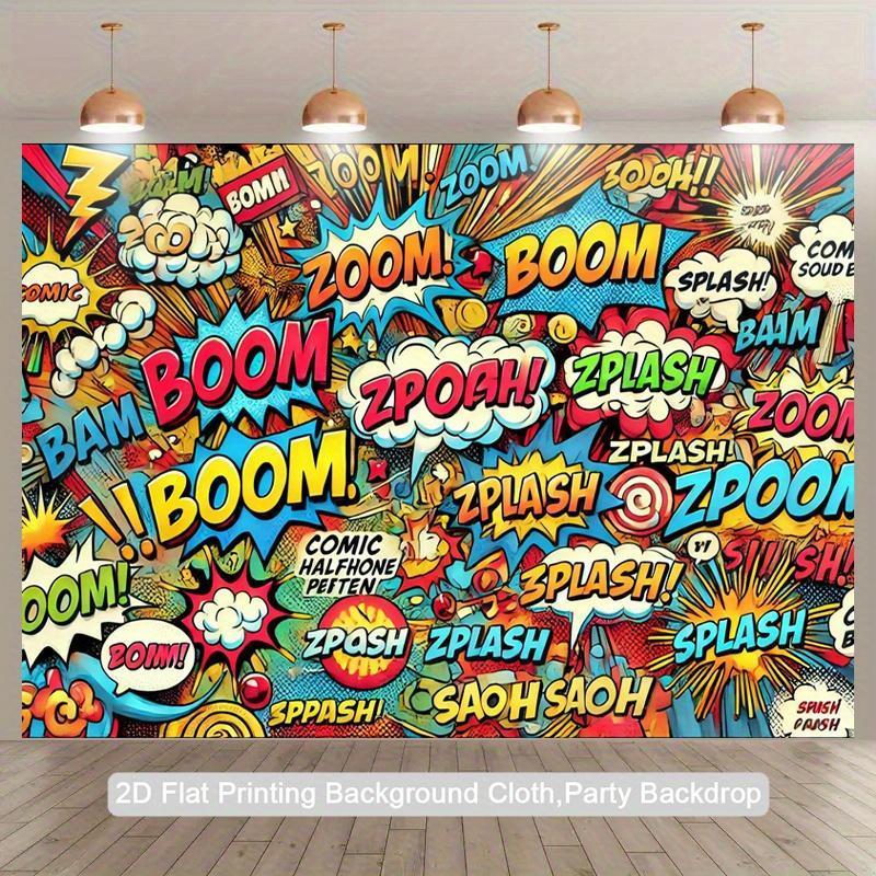 Comic City Skyline Tapestry Vibrant Pop Art Wall Decor for Birthday Party with BOOM WOW Speech Bubbles High Quality Flat Print