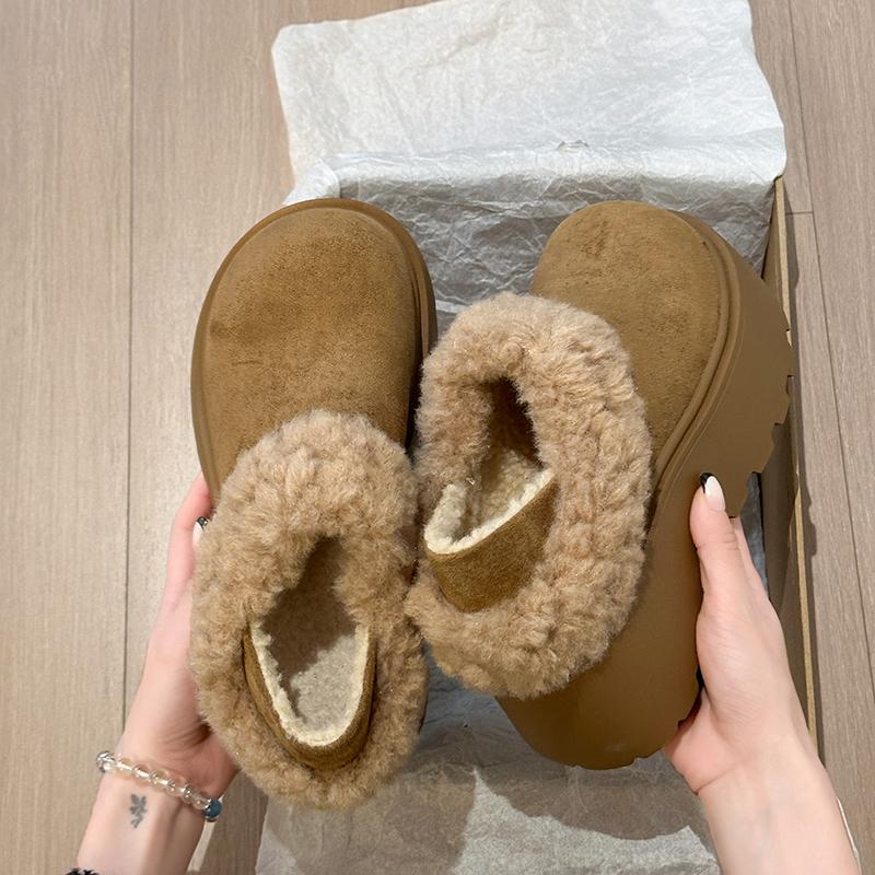Winter Platform Flats Women Fur Lining Snow Boots Concise Shallow Slip On Shoes Ladies Outdoor Comfort Warm Cotton Short Booties