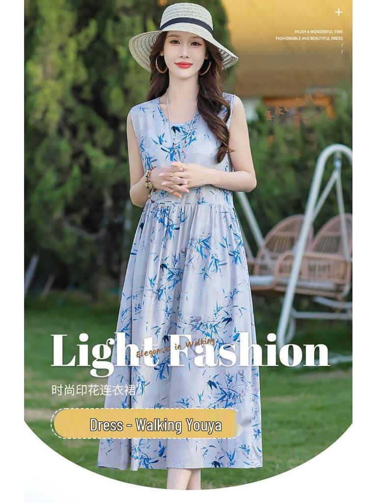 Elegant Plus Size Floral Cotton-Silk Sleeveless Summer Dress