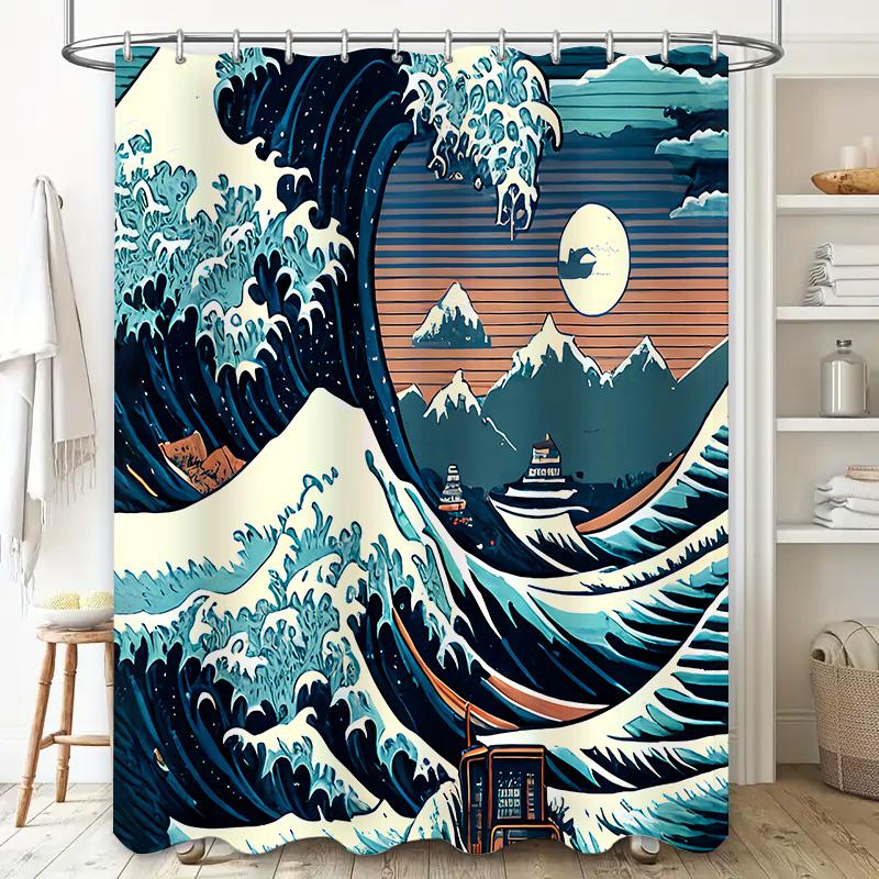 

Japanese Style Wave Shower Curtain For Bathroom Vibrant And Artistic Design Waterproof And Durable Easy To Clean And Maintain W60H190(CM)-1 Pcs